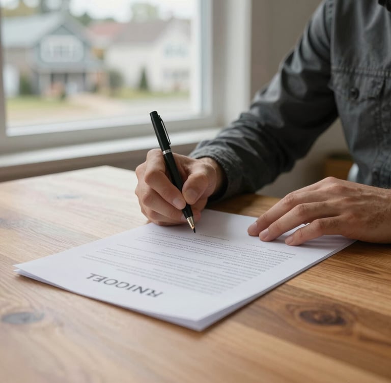 A close-up of hands signing a real estate contract on a warm wooden desk, soft natural light from a nearby window, 35mm lens, authentic editorial style.