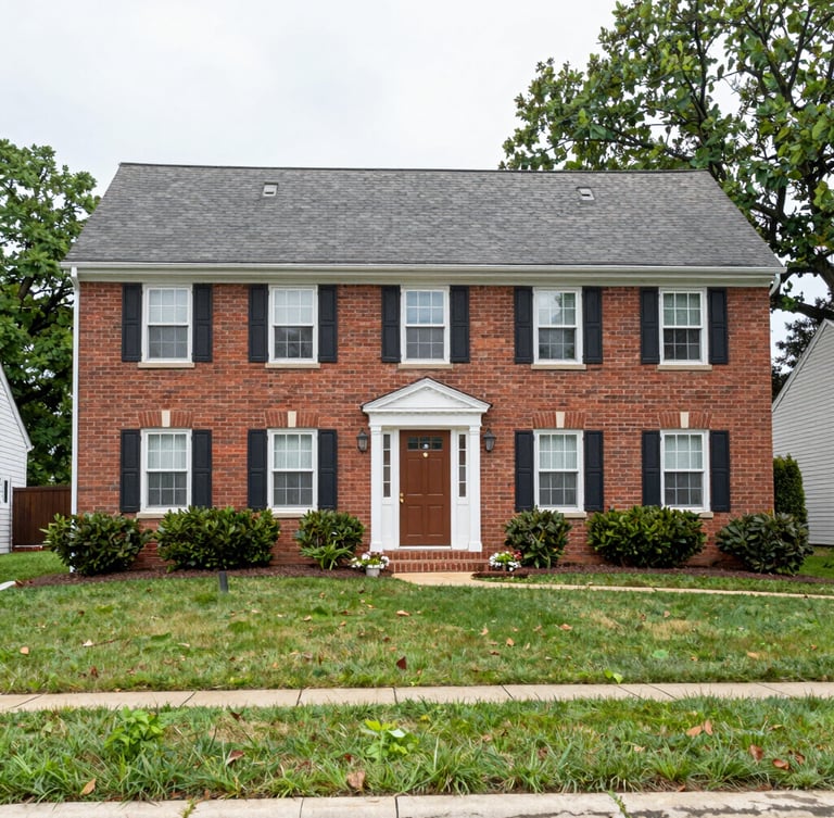 Straight-on exterior photo of a modest brick colonial house in a Maryland suburb, soft overcast afternoon light, natural un-staged front yard, authentic editorial real estate photography, 35mm lens