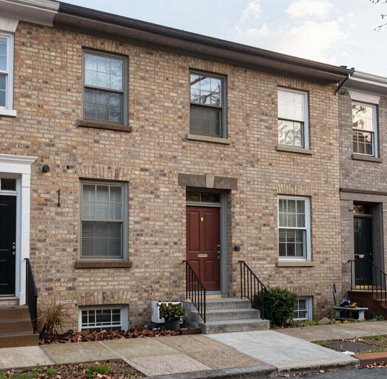 A clean, un-staged brick townhouse exterior in a quiet mid-Atlantic neighborhood, natural soft late afternoon light, professional 35mm photography