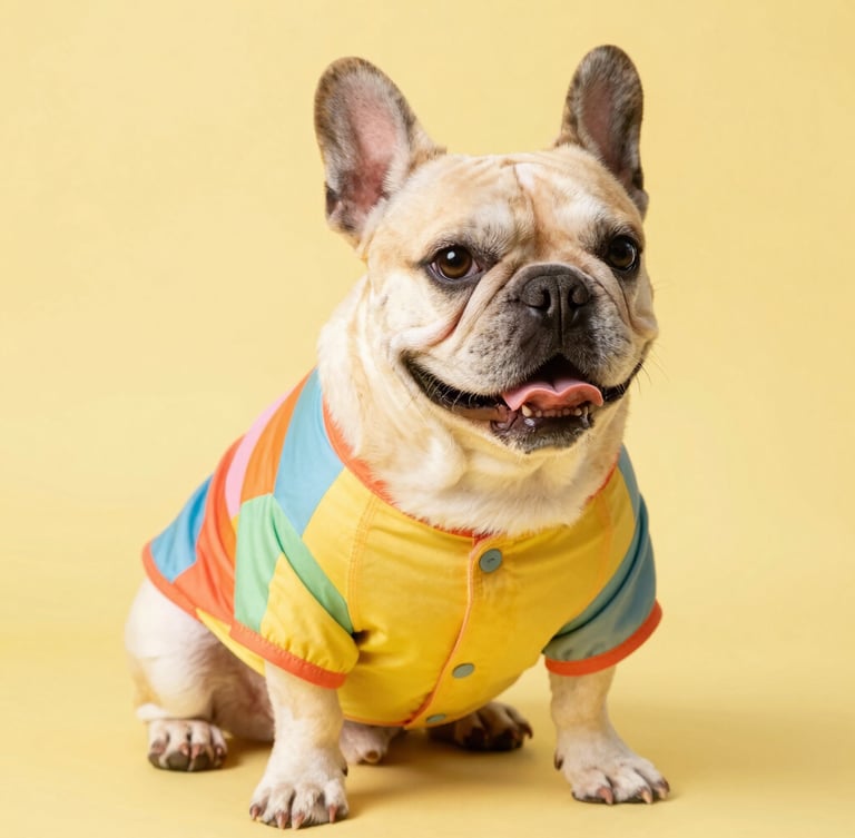 Eye-level portrait of a happy, uniquely shaped French Bulldog wearing a colorful custom-tailored summer shirt, sitting comfortably on a soft yellow background, bright natural light.