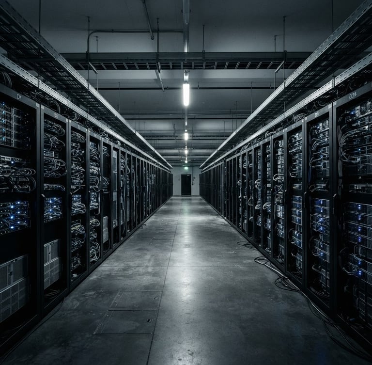 Wide architectural shot of a stark server room, cool high-contrast lighting, desaturated tones, sharp focus, 35mm.