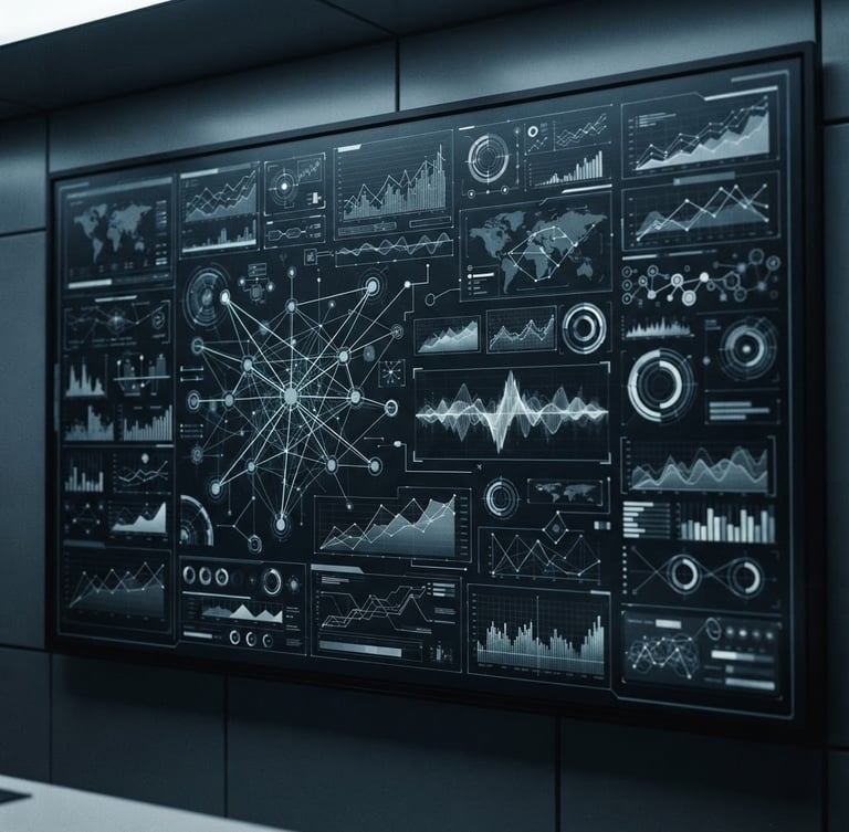 stark architectural photography, cool high-contrast lighting, tight crop on a complex data dashboard monitor, desaturated tones with sharp focus, 35mm