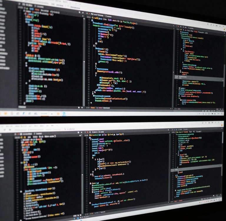 Tight crop on a data screen displaying code structures and analytics dashboards, stark high-contrast lighting, desaturated tones.