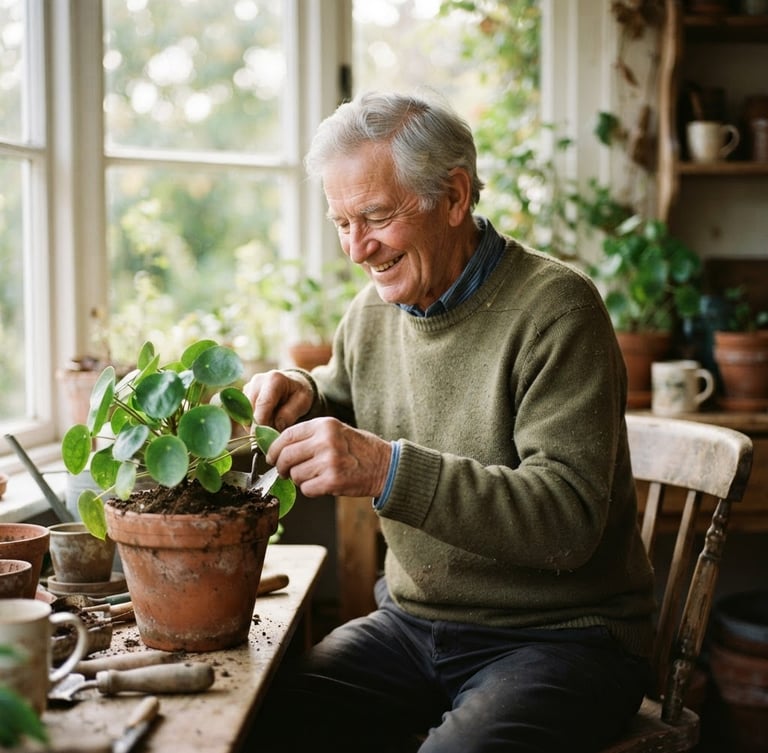 Warm editorial portrait of a smiling elderly man tending to green plants in a terracotta pot, soft natural window light, shallow depth of field, gentle earthy tones.
