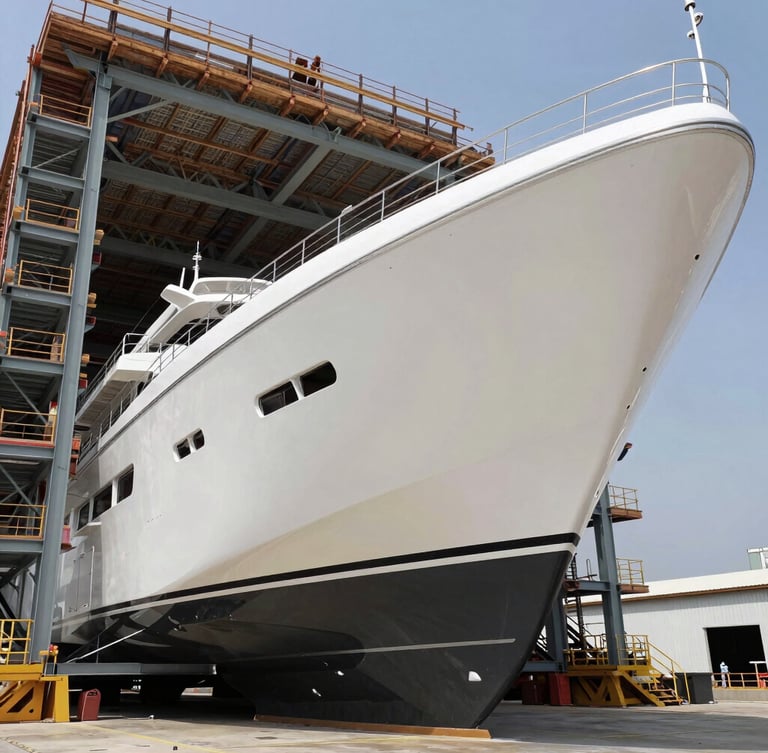 Crisp high-contrast natural daylight shot of a massive modern yacht hull under construction inside a clean, structured dry dock, architectural lines, geometric steel frames