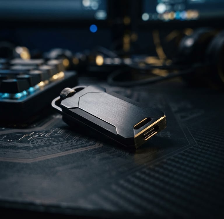 Close-up of a secure hardware wallet key on a dark, technical desk, with subtle blue and gold ambient light, shallow depth of field, 35mm.