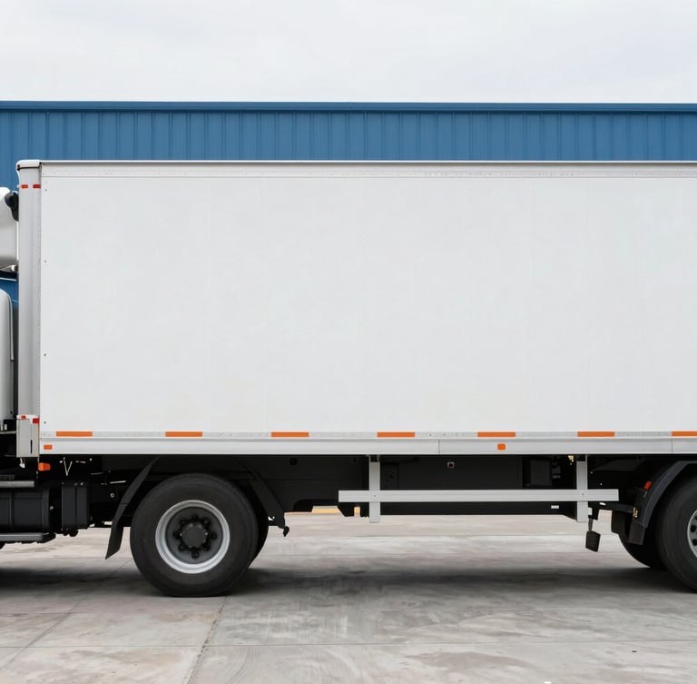 Side-profile shot of a clean 26-foot straight box truck parked next to a concrete loading dock, crisp daylight, focus on the truck body