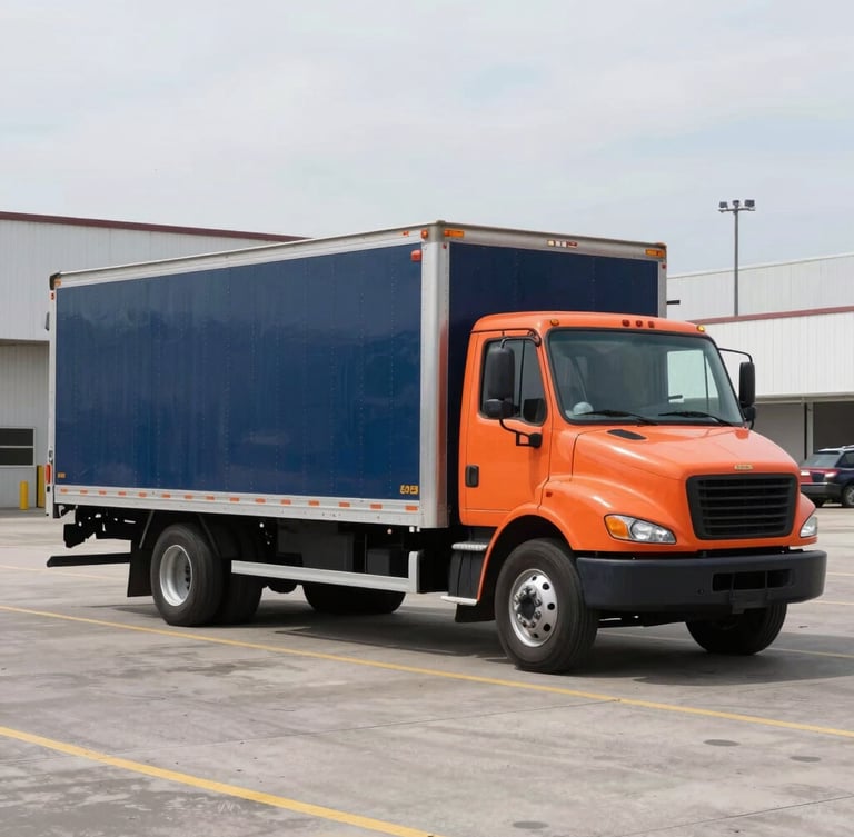 A clean 26-foot straight box truck branded with navy and orange, parked in a Rochester industrial lot under bright overcast daylight, realistic commercial photography, 35mm