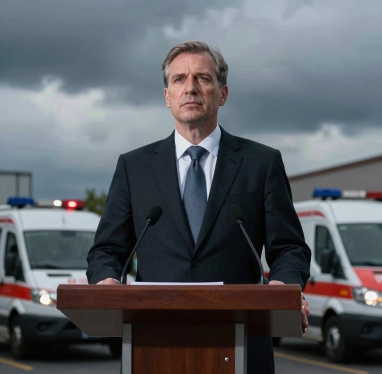 A low-angle authoritative portrait of a focused spokesperson standing behind a podium, dramatic overcast daylight, emergency response vehicles blurred in the background.
