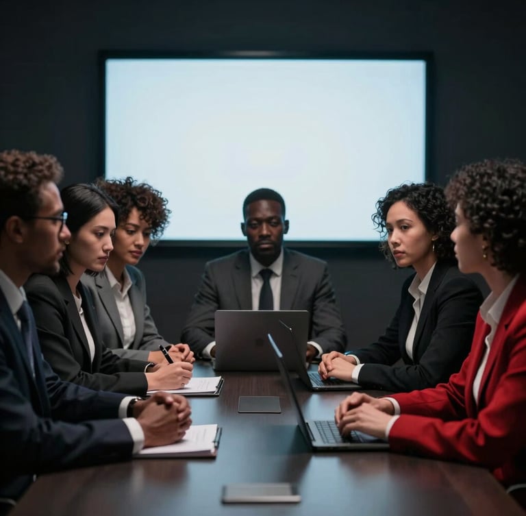 Dramatic corporate photography, high-contrast. A diverse boardroom meeting with African American, Asian, and female executives in intense, focused discussion around a dark table, cool screen glow, moody charcoal and crimson tones, shallow depth of field, 35mm.