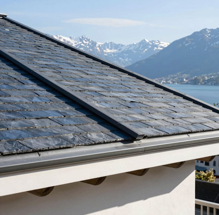 Architectural close-up of a premium slate roof under crisp alpine daylight, clean geometric lines, Geneva lake visible in the distant background, 35mm lens