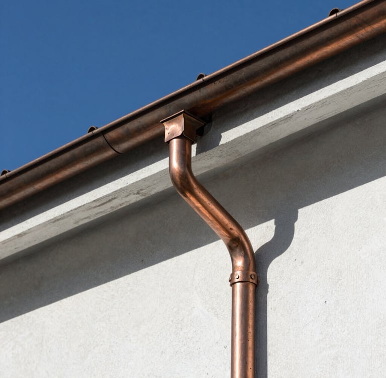 Extreme close-up of copper roof flashing meeting a pristine white stone wall, sharp shadows, bright Swiss daylight, architectural photography