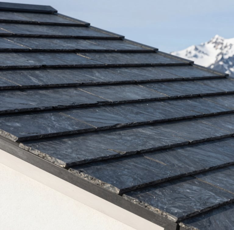 Architectural close-up of premium dark slate tiles perfectly aligned on a modern roof, sharp geometric lines, crisp alpine daylight, minimalist composition