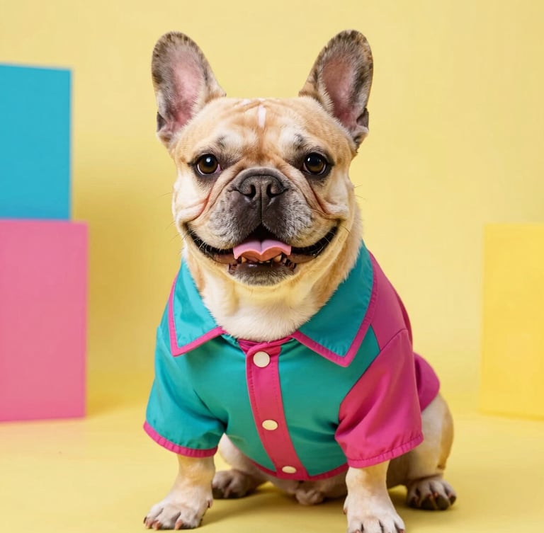 Vibrant studio photography of a happy French Bulldog wearing a custom-tailored colorful teal and magenta shirt, looking proudly at the camera, bright high-key lighting, solid soft yellow background, sharp focus.