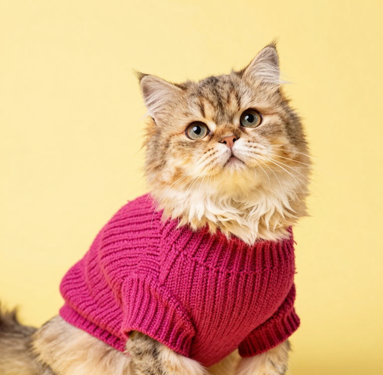 Vibrant studio portrait of a fluffy Persian cat wearing a cozy knitted magenta sweater, looking curious, bright daylight, soft yellow background