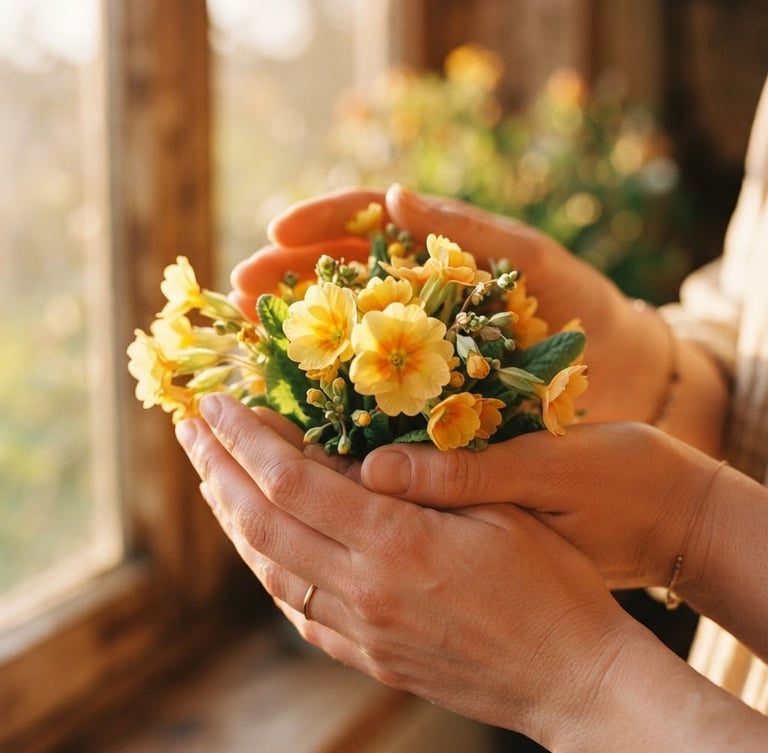 Close-up of hands gently holding fresh primrose flowers under warm golden-hour window light, rich saturated botanical tones, shallow depth of field, 35mm film