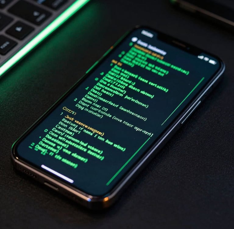 Macro top-down view of a physical mobile flagship screen showing clean terminal code and glowing green vector wireframes in a dark room, high-contrast neon accents