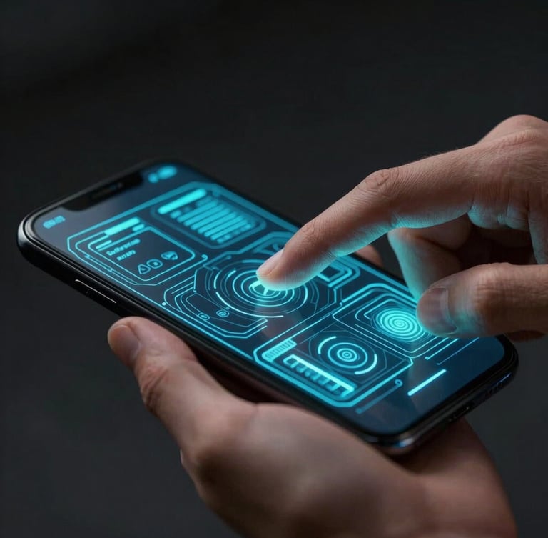 Macro photograph of a hand interacting with a dark mobile screen, electric cyan vector UI wireframes glowing under high-contrast studio lighting