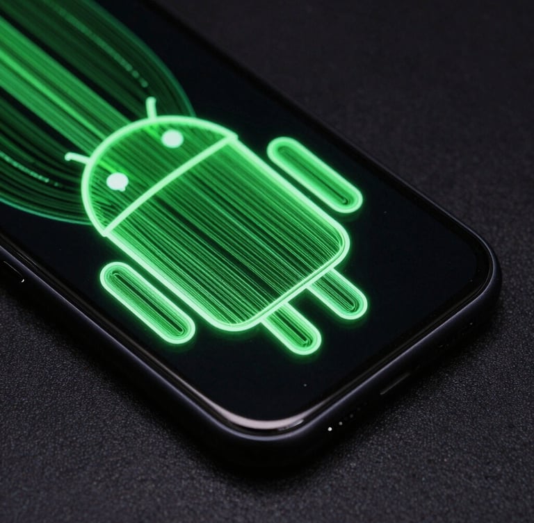 Extreme macro overhead shot of physical Android flagship screen displaying glowing green vector wireframes and fluid 120Hz interface transitions, high contrast dark environment.