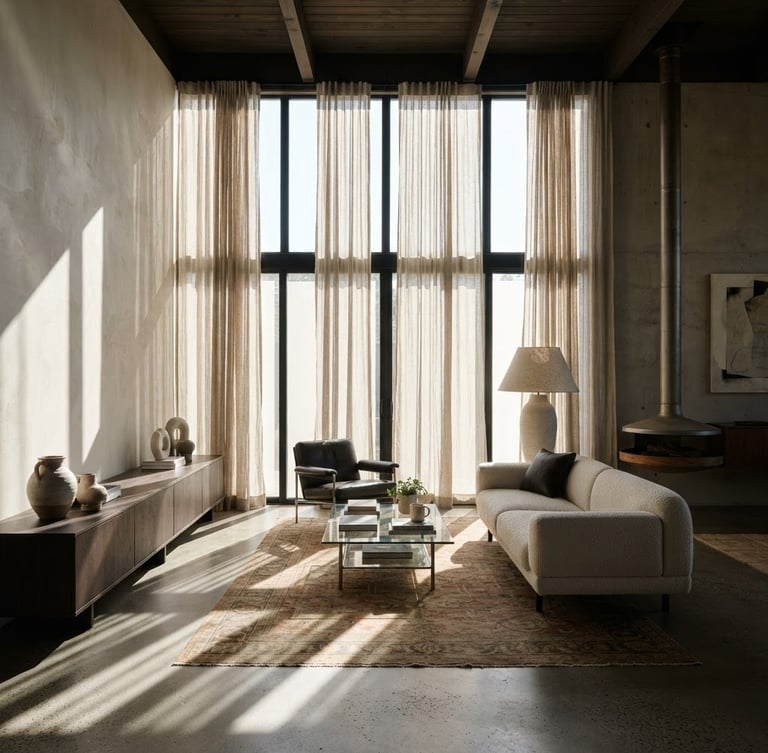 Wide shot of a modern living room with tall, tailored linen curtains filtering crisp morning light, creating sharp shadows. High-contrast architectural photography, straight-on elevation.