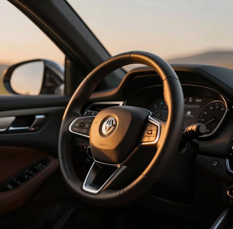 Close-up detail of a premium luxury vehicle steering wheel and dashboard, warm gold interior lighting, dark charcoal leather, cinematic 35mm