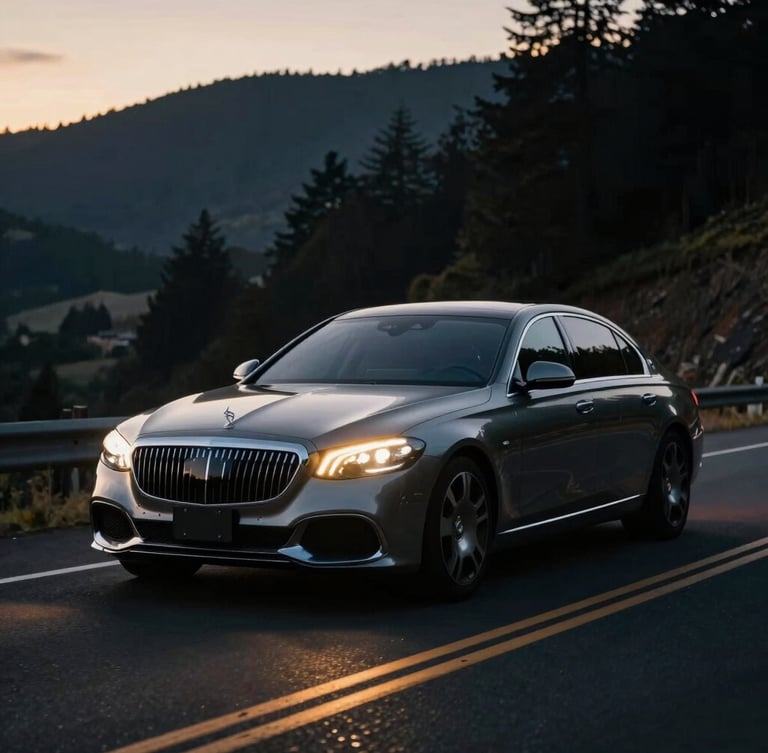 Cinematic automotive photography of a luxury sedan on a scenic Oregon highway at twilight, golden hour reflections, shallow depth of field, 35mm