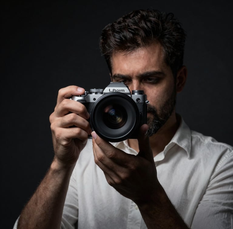 Environmental portrait of Asad in a dark, moody studio setup holding a disassembled camera lens, high-contrast directional studio lighting, deep shadows, 35mm lens