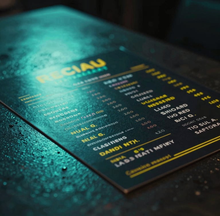A tight, dynamic macro photograph of a neon-lit local restaurant menu on a textured dark table, electric teal reflections, high contrast shadows
