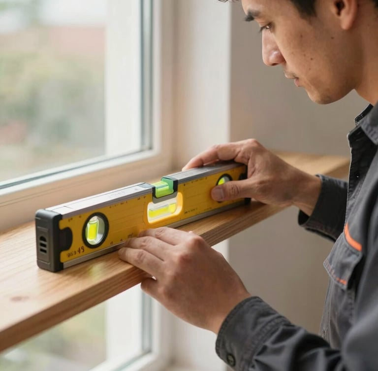 Close-up of a handyman's hands wearing a clean branded shirt, precisely leveling a wooden shelf with a spirit level, warm daylight coming from a nearby window.