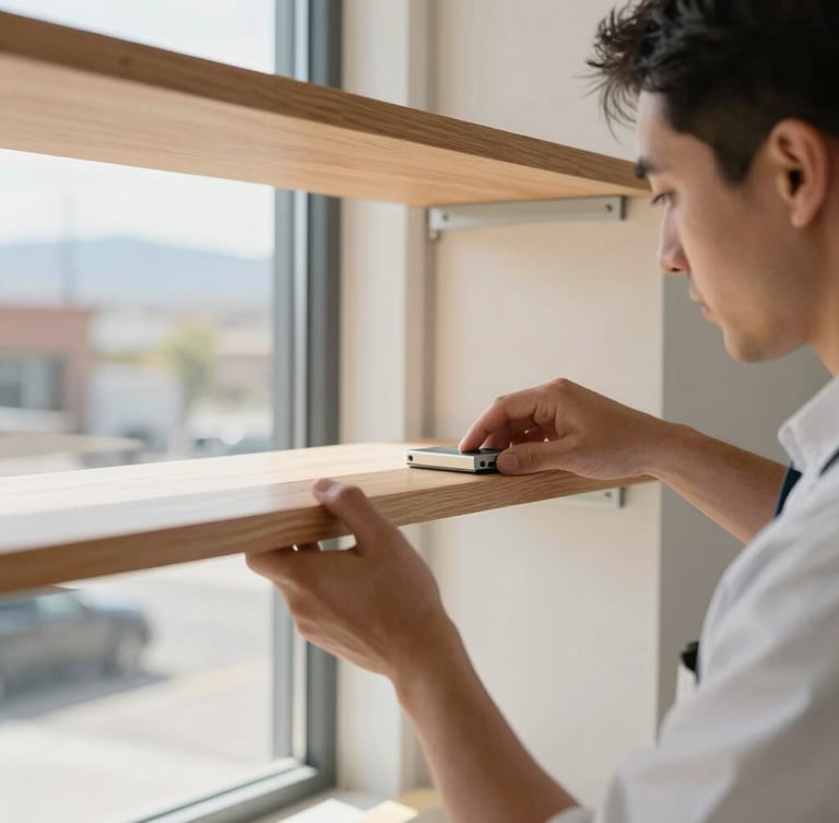 Close-up of a professional technician's hands in a clean branded shirt carefully leveling a wooden shelf, bright Nevada daylight pouring through a nearby window, clean and focused composition.