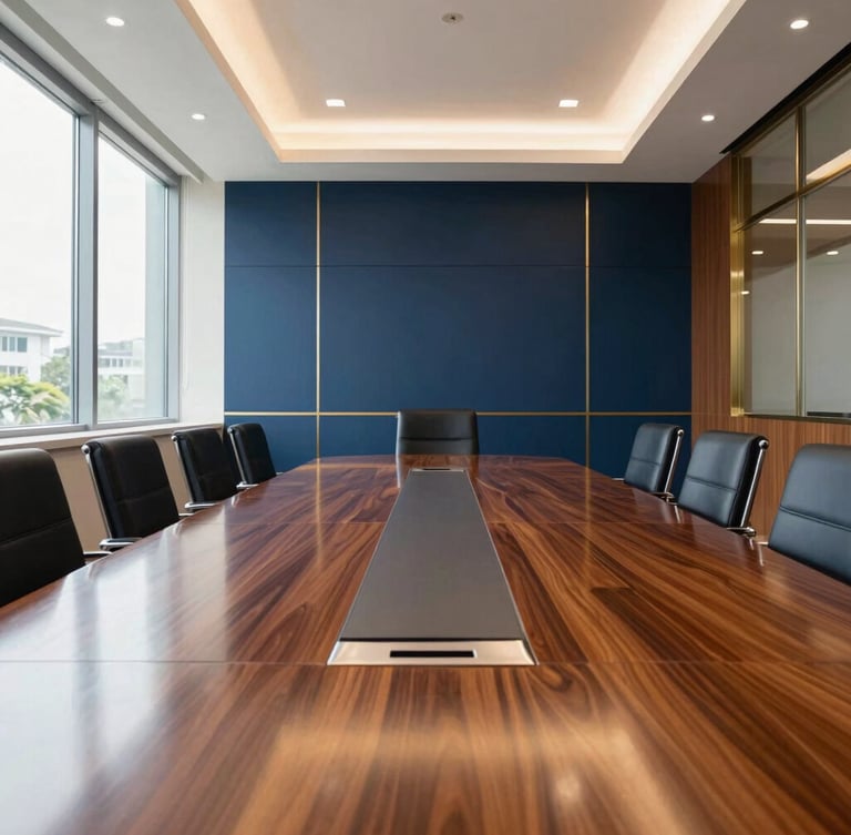 Wide-angle architectural shot of a pristine corporate boardroom, natural daylight streaming through large windows, sharp reflections on a polished mahogany table, deep navy and gold accents in the decor.