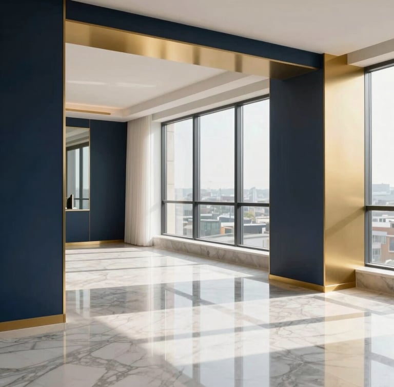 A bright, natural daylight shot of a modern luxury apartment interior, clean lines, polished marble floors reflecting soft golden sunlight, minimalist styling with deep navy and gold accents, architectural framing.