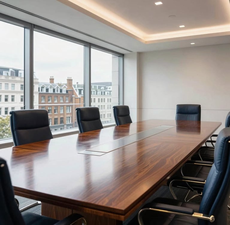A wide architectural shot of a pristine corporate boardroom, large mahogany table reflecting soft light, large windows overlooking London, perfectly arranged leather chairs, clean dust-free surfaces.