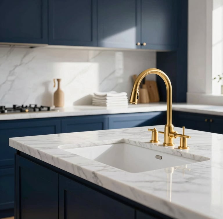 Elegant vertical portrait of a pristine, sunlit luxury kitchen with white marble countertops, gold faucets, and neatly folded linens in the background, sharp focus, architectural lens