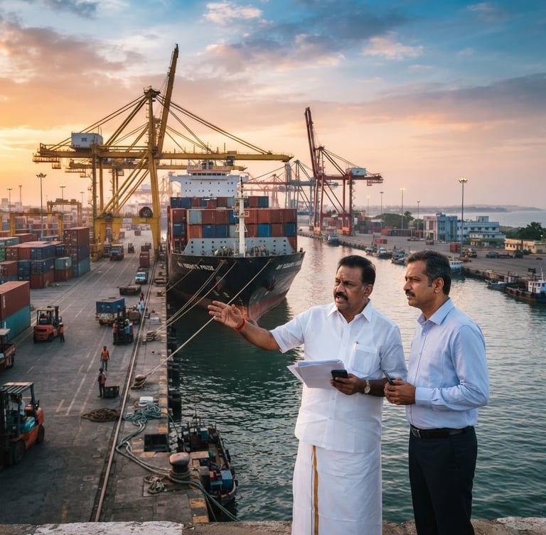 Wide panoramic view of Thoothukudi port at dawn, commercial cargo ship docked, industrial cranes in the background, bright natural daylight, rich corporate tones, shallow depth of field.