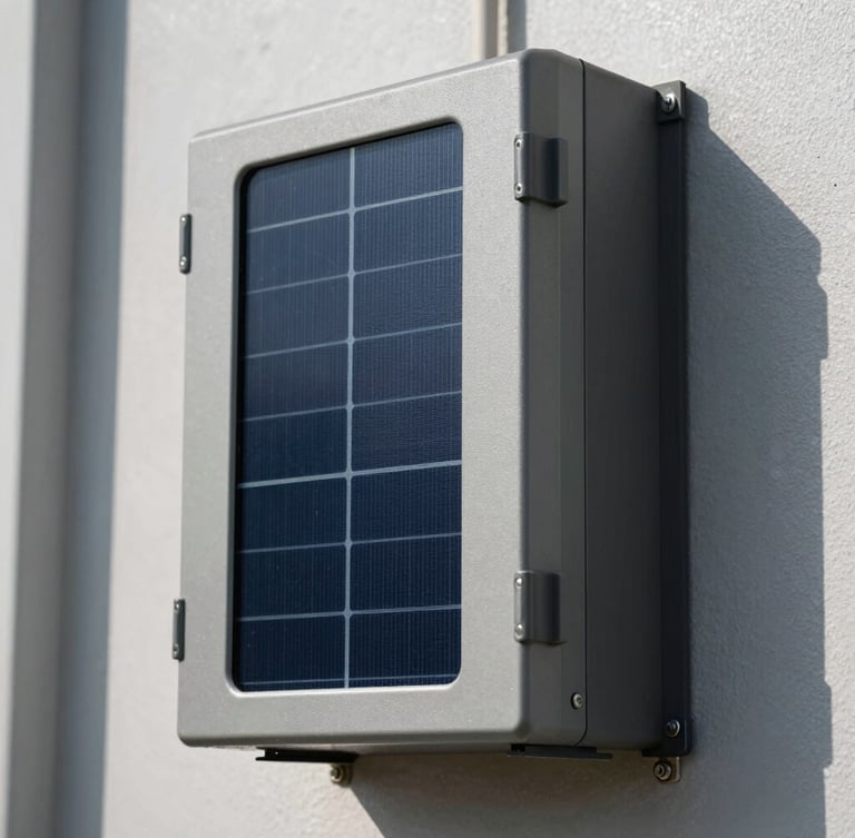 Extreme close-up of a heavy-duty weather-sealed hybrid solar inverter and battery storage enclosure mounted on an exterior wall under crisp daylight, highlighting metallic textures and industrial structural integrity
