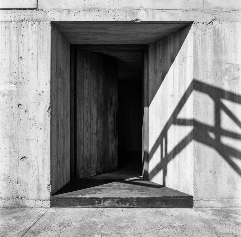 Stark architectural photography of a massive raw concrete threshold, harsh natural sunlight casting deep geometric shadows, 35mm wide-angle lens