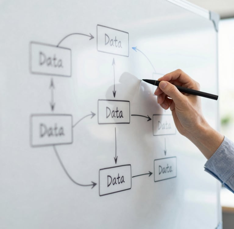 Close-up of hands drawing a structured diagram on a physical whiteboard in a bright office, illustrating data flow and predictive models. The diagram uses clean lines and subtle blue accents. Natural daylight illuminates the scene.
