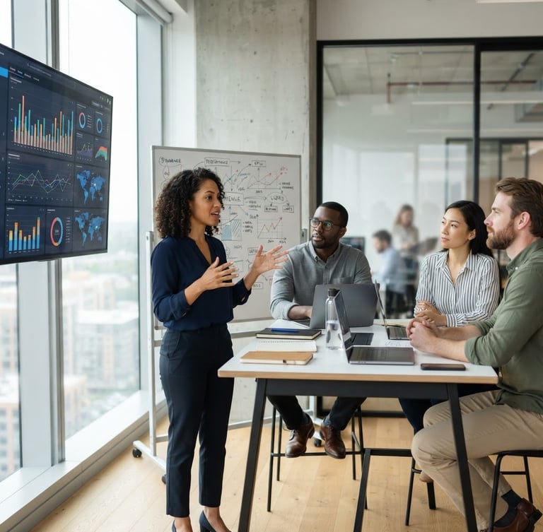 Bright, natural daylight shot of a diverse team of data analysts collaborating in a minimalist, modern office, looking at clean dashboard screens with structured data visualizations. One analyst is gesturing towards a whiteboard with a complex diagram, hands visible, shallow depth of field.