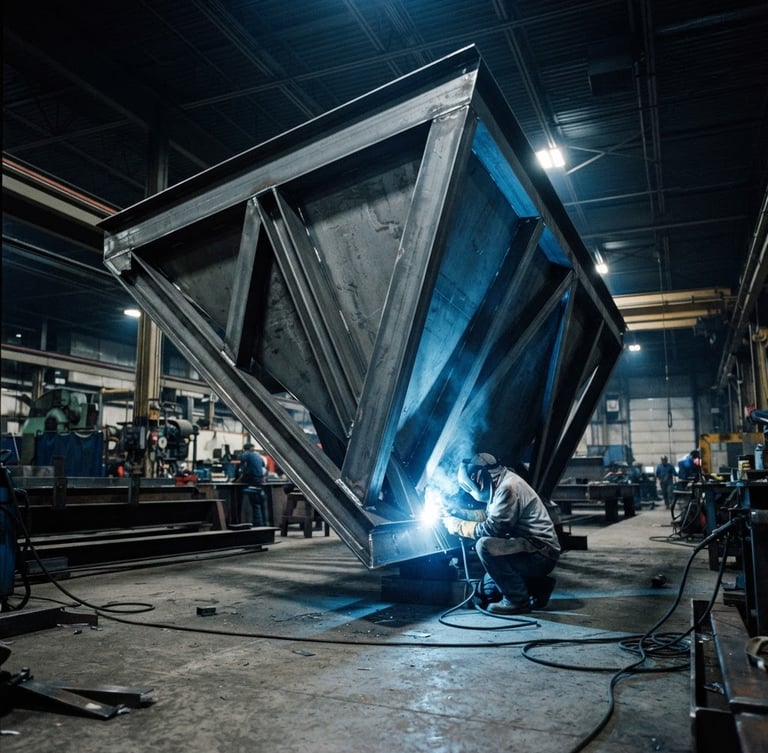 Low-angle dramatic shot of a massive steel hopper frame on a factory floor, intense blue welding arcs casting long shadows, cool metallic tones, 35mm lens