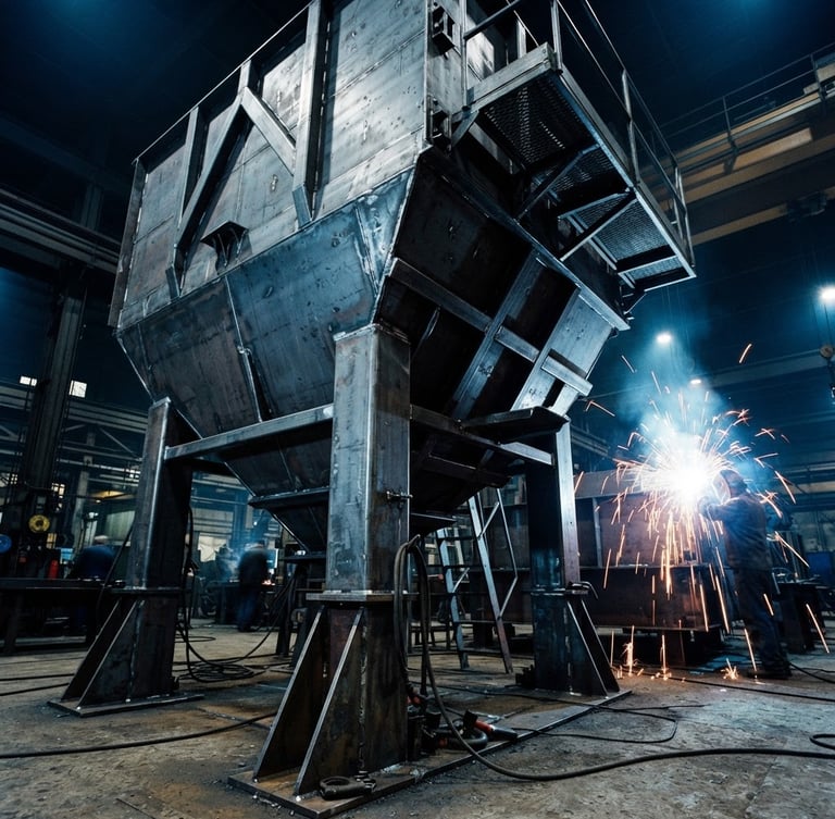 Low-angle dramatic shot of a massive custom steel hopper on a factory floor, intense welding sparks in the background, cool blue and metallic gray tones, 35mm lens