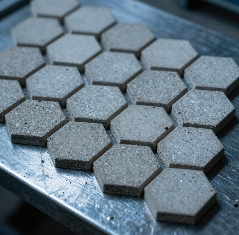 Macro close-up of hexagonal alumina ceramic tiles bonded to a thick steel plate, high-contrast workshop lighting, cool blue and metallic gray tones, 35mm lens.