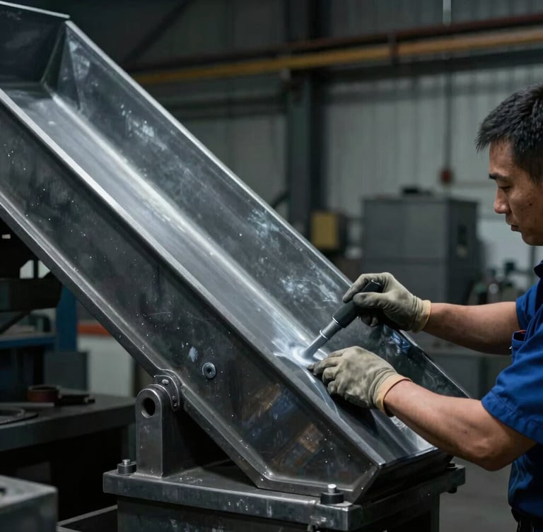 Side profile of a technician applying advanced wear-resistant lining to a steel chute, dramatic workshop lighting, cool metallic tones