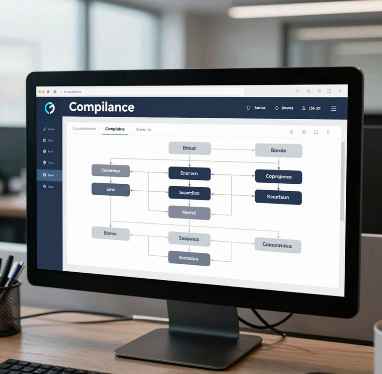 Straight-on UI display of a compliance dashboard, technical framework mapping on a screen, cool office daylight, sharp focus, 35mm