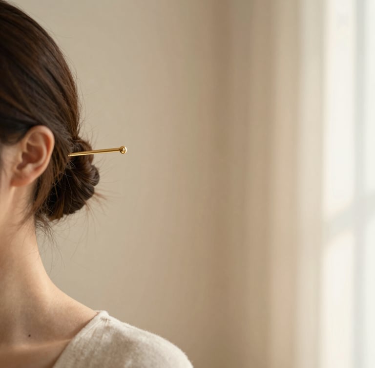 A soft-focus lifestyle shot of a woman wearing a minimalist gold hair pin, warm morning light casting gentle shadows on a beige wall, 35mm