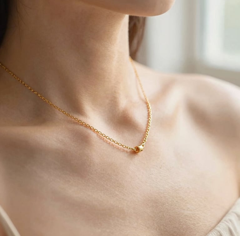 Macro close-up of a delicate gold chain necklace resting on sunlit skin, soft morning window light, warm beige tones, shallow depth of field, 35mm