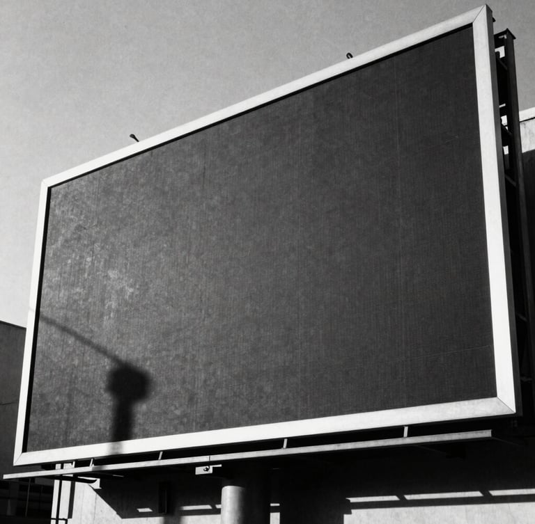 High-contrast black and white photography of a massive physical billboard in a stark urban landscape, harsh direct sunlight, deep dramatic shadows, 35mm film grain