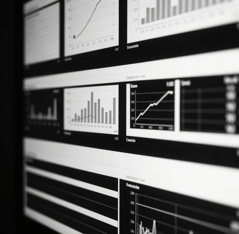 Extreme close-up of high-contrast digital screens displaying analytical charts and campaign metrics, harsh key light reflecting off the glass, deep shadows, sharp focus, 35mm film grain