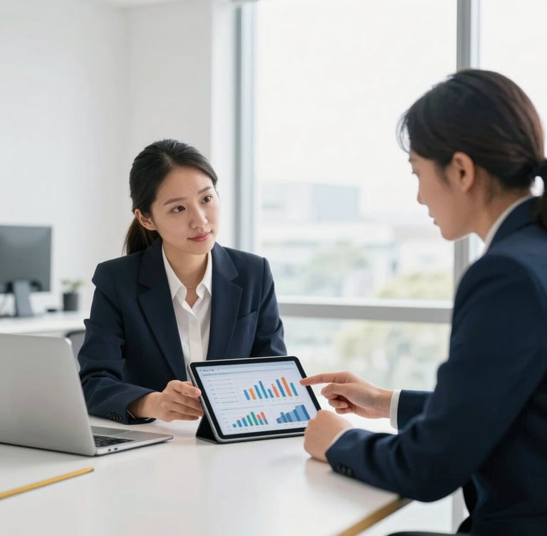 Bright modern collaborative workspace with two professional advisors discussing financial dashboards on a tablet, natural daylight, minimalist office setting