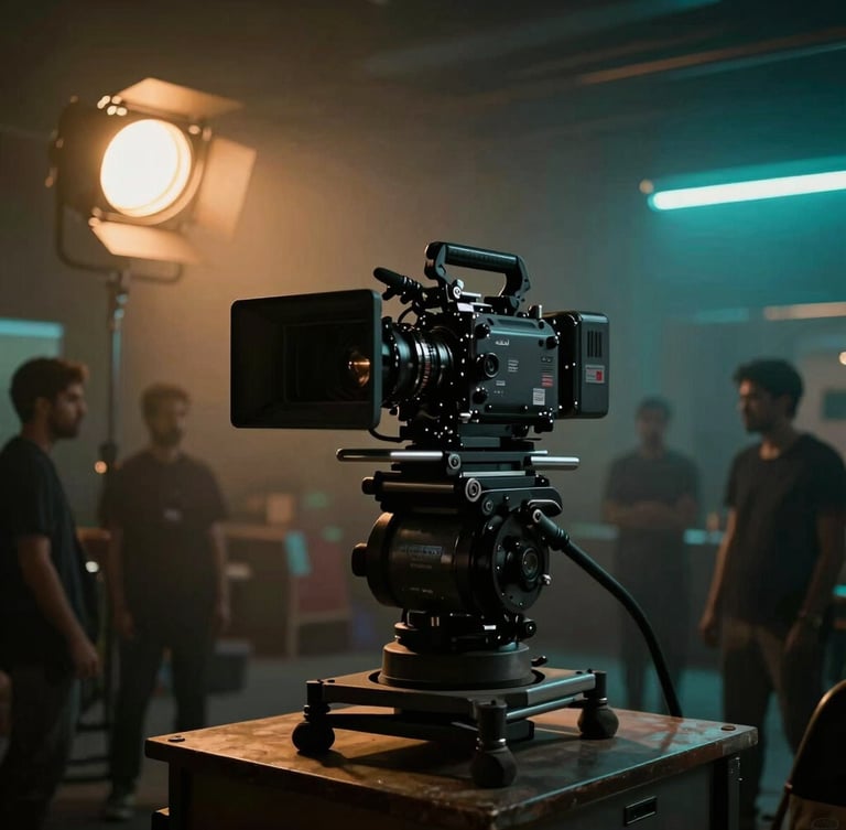 Behind the scenes of an Arabic movie set, a large cinematic camera on a rig, dramatic low-key studio lighting with amber and teal accents, crew members silhouette in the background.